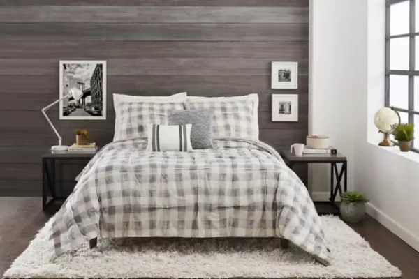 Comforters-Kirkland's Home Gray Buffalo Check 5-Pc. King Comforter Set Gray/White