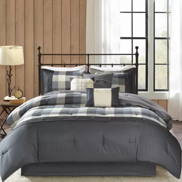 Comforters-Kirkland's Home Gray Buffalo Check King 7-Pc. Comforter Set Gray/White