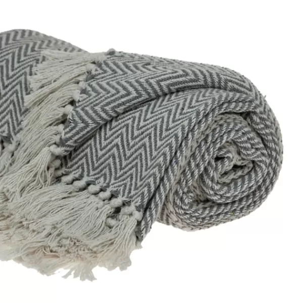 Blankets & Throws-Kirkland's Home Gray Chevron Cotton Handloomed Tassel Throw Gray/White