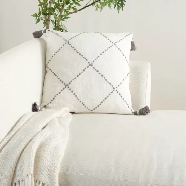 Pillows-Kirkland's Home Gray Dotted Braided Stripe Tassel Throw Pillow White/Gray