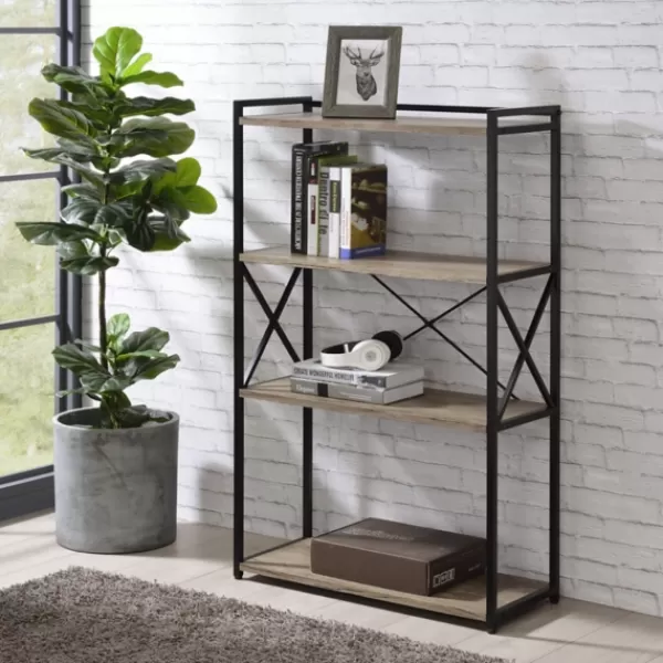 Bookshelves-Kirkland's Home Gray Finish X Frame Open Shelf Bookcase