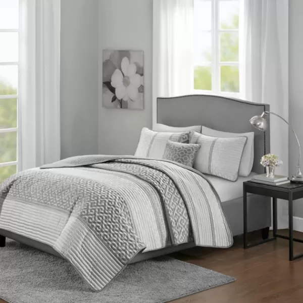 Bedspreads & Coverlets-Kirkland's Home Gray Jacquard Motif 4-Pc. Queen Coverlet Set Gray/White