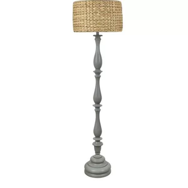 Floor Lamps-Kirkland's Home Gray Resin Floor Lamp With Hand Woven Raffia Shade Gray/Brown