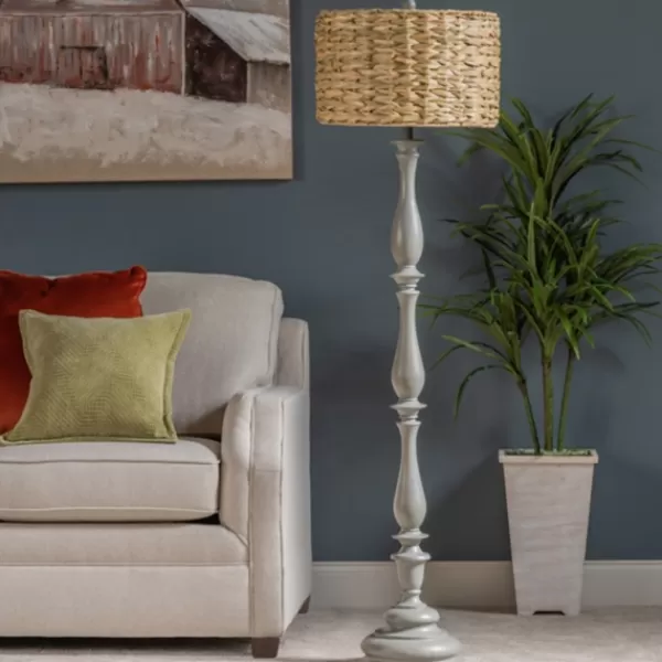 Floor Lamps-Kirkland's Home Gray Resin Floor Lamp With Hand Woven Raffia Shade Gray/Brown