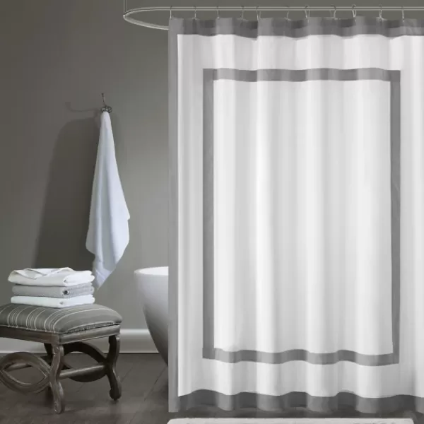 Shower Curtains-Kirkland's Home Gray Square Trim Cotton Shower Curtain White/Gray