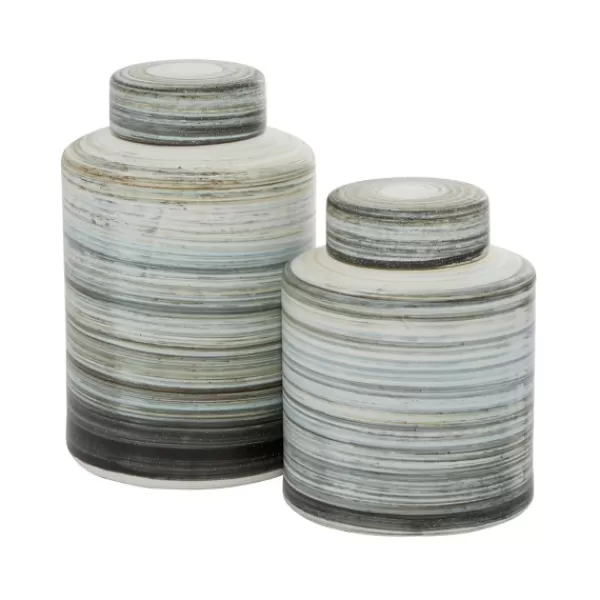 Decorative Bowls & Jars-Kirkland's Home Gray Striped Stoneware Jars With Lids, Set Of 2 Gray/Green