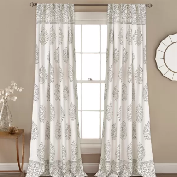 Curtains & Drapes-Kirkland's Home Gray Teardrop Leaves Curtain Panel Set, 84 In. Gray/White