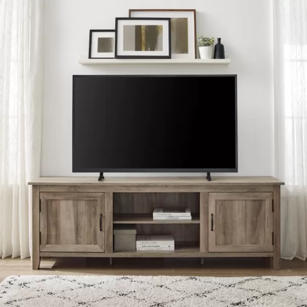 Tv Stands & Media Consoles-Kirkland's Home Gray Wash Wood Grooved Door Tv Stand Brown