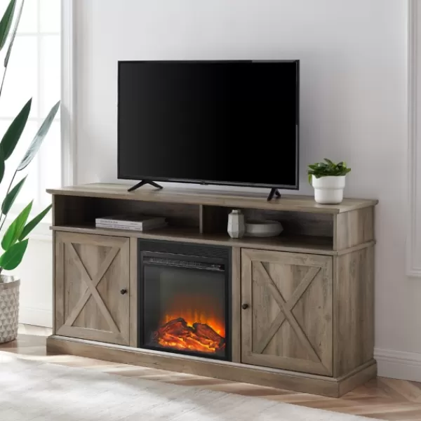 Tv Stands & Media Consoles-Kirkland's Home Graywash Rustic Fireplace Cabinet Brown