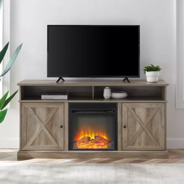 Tv Stands & Media Consoles-Kirkland's Home Graywash Rustic Fireplace Cabinet Brown