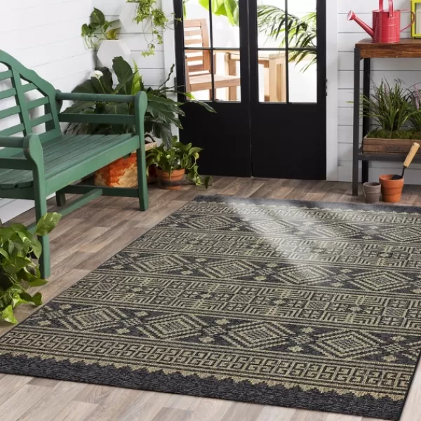 Outdoor Rugs-Kirkland's Home Greek Key Sun Shower Outdoor Area Rug, 5X8 Black/Tan