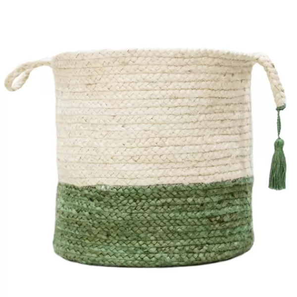 Baskets & Boxes-Kirkland's Home Green And Cream Woven Basket With Tassel, 17 In. Green/White