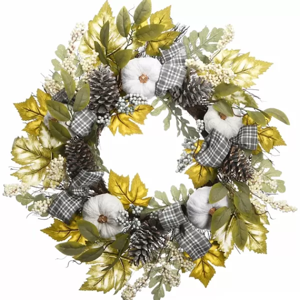 Wreaths-Kirkland's Home Green And Gray Ribbon Harvest Mix Wreath Green/Gray/White