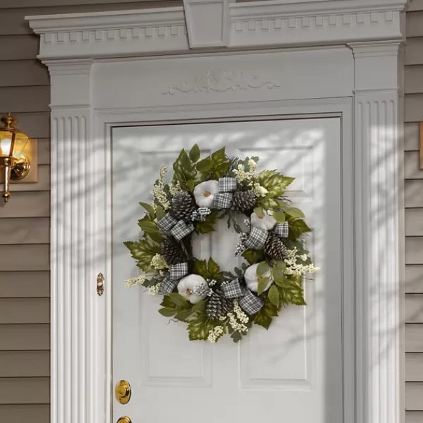 Wreaths-Kirkland's Home Green And Gray Ribbon Harvest Mix Wreath Green/Gray/White