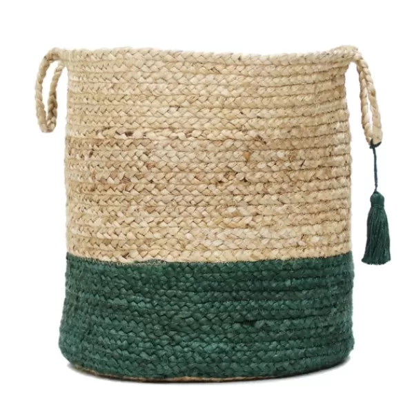 Baskets & Boxes-Kirkland's Home Green And Tan Woven Basket With Tassel, 19 In. Green/Tan