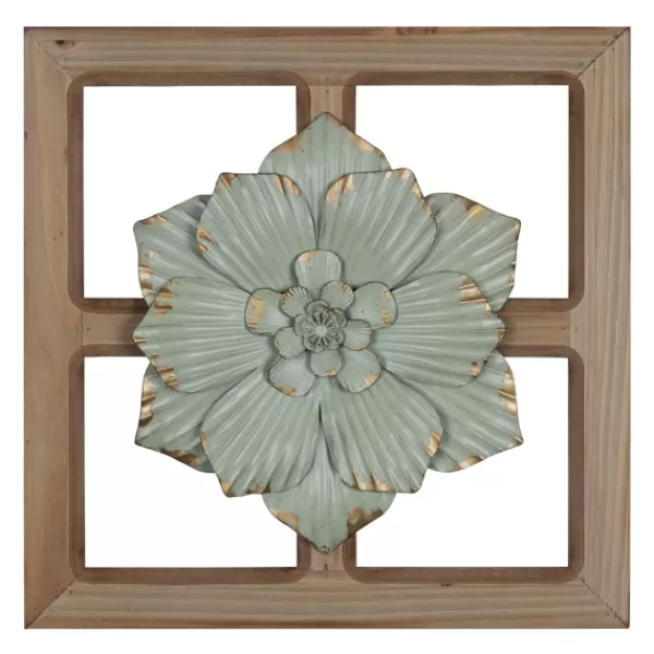 Wall Plaques-Kirkland's Home Green Metal Flower Wood Frame Wall Sculpture Green/Brown