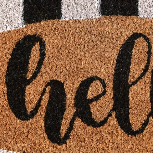 Doormats-Kirkland's Home Hello Cabana Stripe Coir Doormat Tan/Black/White