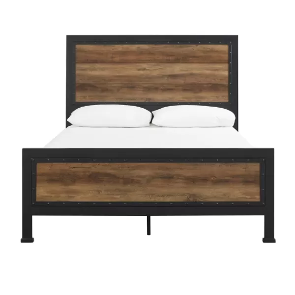 Beds & Headboards-Kirkland's Home Industrial Rustic Oak Queen Bed With Metal Frame Brown