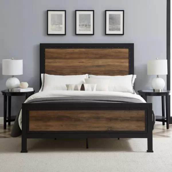 Beds & Headboards-Kirkland's Home Industrial Rustic Oak Queen Bed With Metal Frame Brown