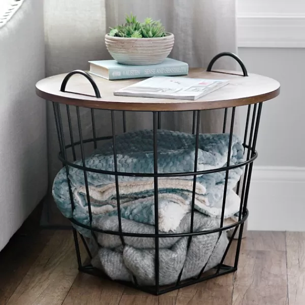 Accent & End Tables-Kirkland's Home Industrial Wire And Wood Basket Side Table Black