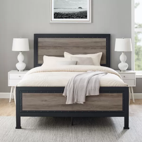 Beds & Headboards-Kirkland's Home Industrial Wood Queen Bed With Metal Frame Brown