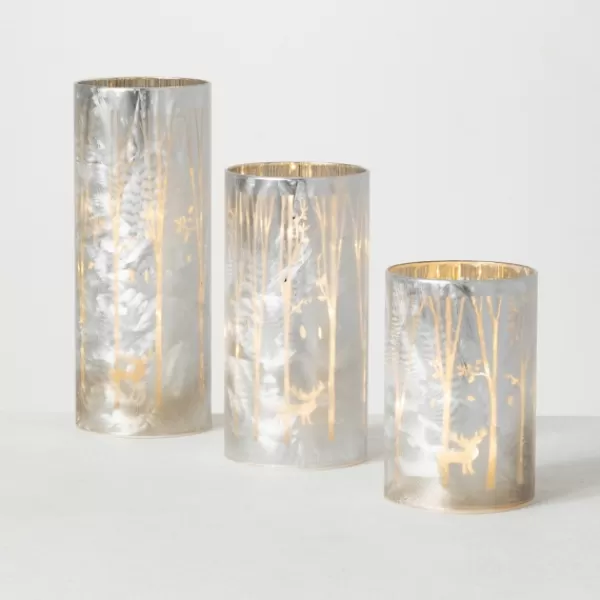 Candle Holders-Kirkland's Home Iridescent Reindeer Led Pillar Holders, Set Of 3 White/Silver