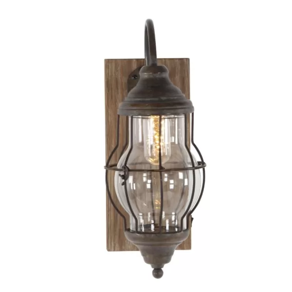 Sconces-Kirkland's Home Iron Glass Incased Wood Back Led Wall Sconce