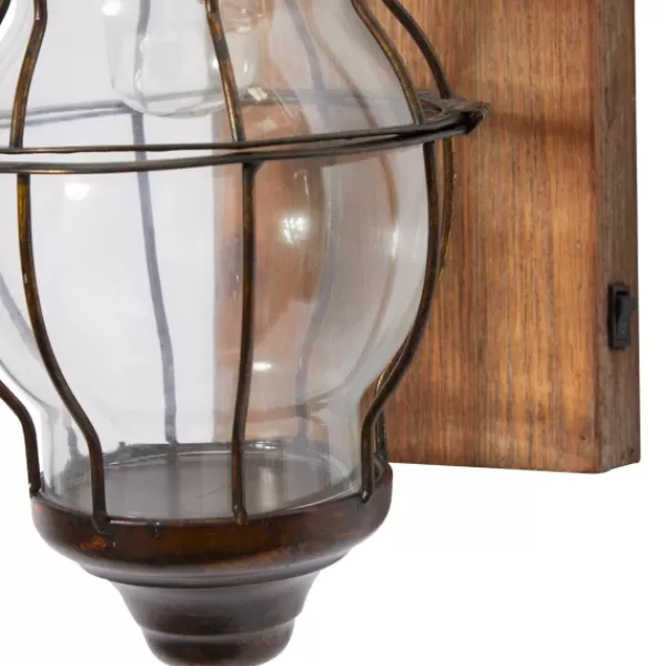 Sconces-Kirkland's Home Iron Glass Incased Wood Back Led Wall Sconce