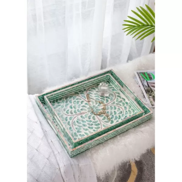 Decorative Trays-Kirkland's Home Ivory And Clover Mosaic Capiz Shell Tray, 15 In. Green/Ivory