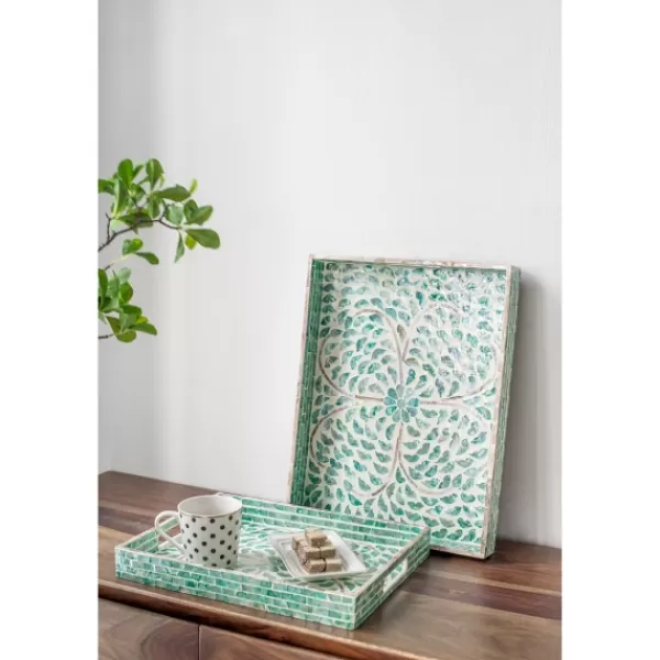 Decorative Trays-Kirkland's Home Ivory And Clover Mosaic Capiz Shell Tray, 17 In. Green/Ivory