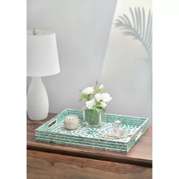Decorative Trays-Kirkland's Home Ivory And Clover Mosaic Capiz Shell Tray, 17 In. Green/Ivory