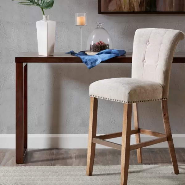 Bar Stools & Counter Height Stools-Kirkland's Home Ivory Wesley Tufted Bar Stool With Nailhead Trim White