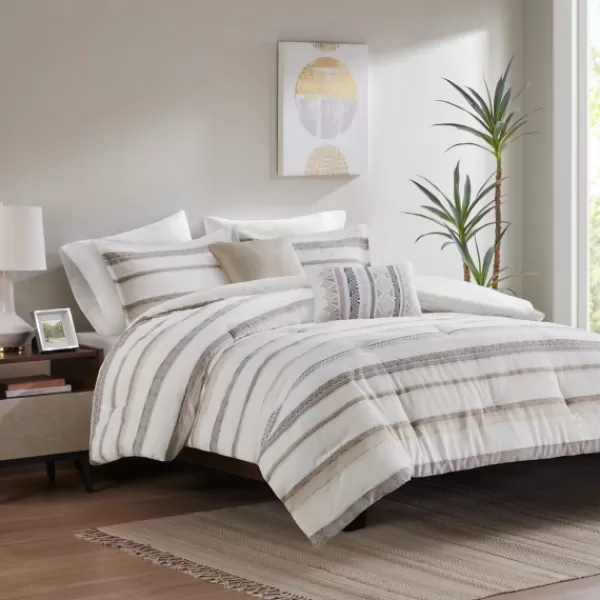 Comforters-Kirkland's Home Jacquard Stripe 5-Pc. Cali King Comforter Set White/Gray/Tan