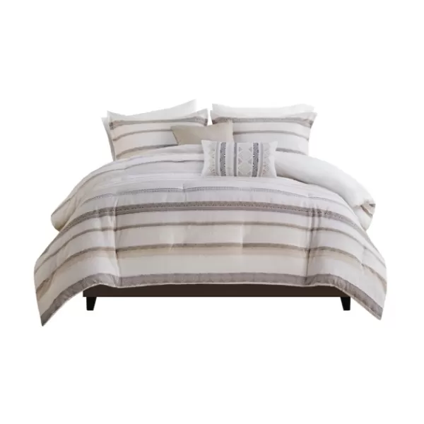 Comforters-Kirkland's Home Jacquard Stripe 5-Pc. Full/Queen Comforter Set White/Gray/Tan