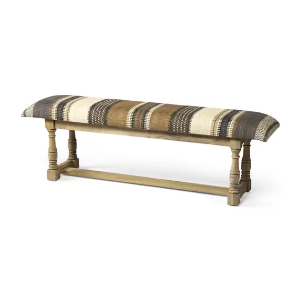 Benches & Ottomans-Kirkland's Home Jute Striped Natural Wood Bench Brown/White/Gray