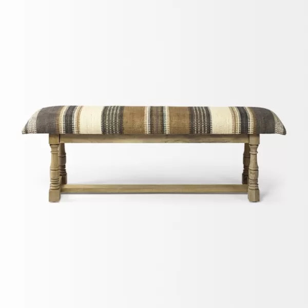 Benches & Ottomans-Kirkland's Home Jute Striped Natural Wood Bench Brown/White/Gray