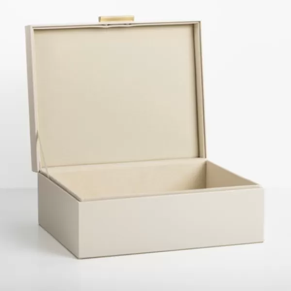 Baskets & Boxes-Kirkland's Home Large Beige Leather Brass Handle Box Ivory