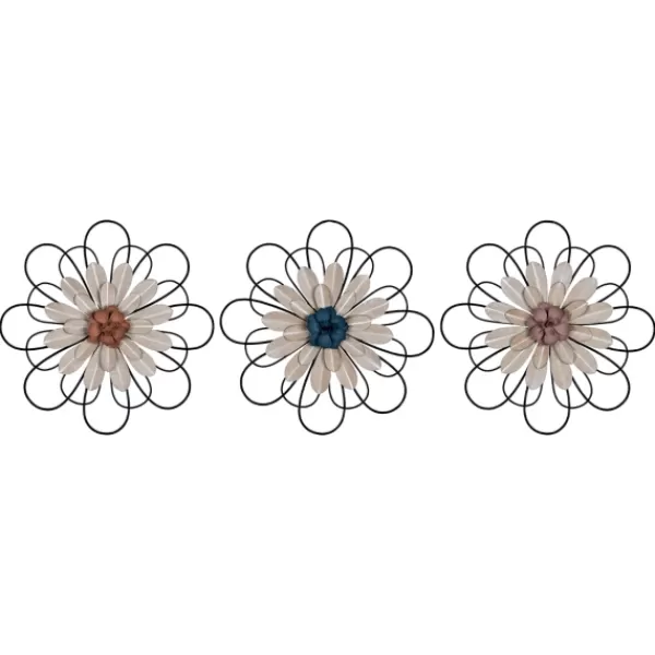 Wall Plaques-Kirkland's Home Layered Metal & Wood Flower Wall Plaques, Set Of 3 Black/Tan}Multi