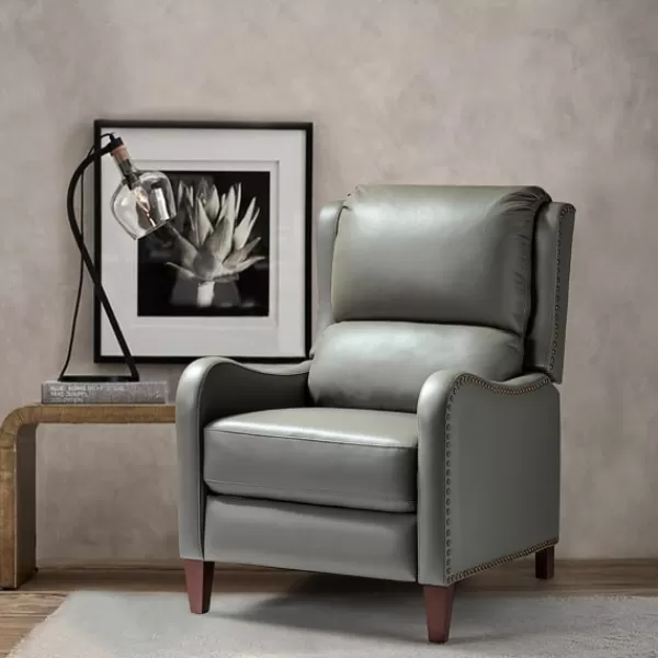 Accent Chairs-Kirkland's Home Leather Nailhead Traditional Recliner Gray