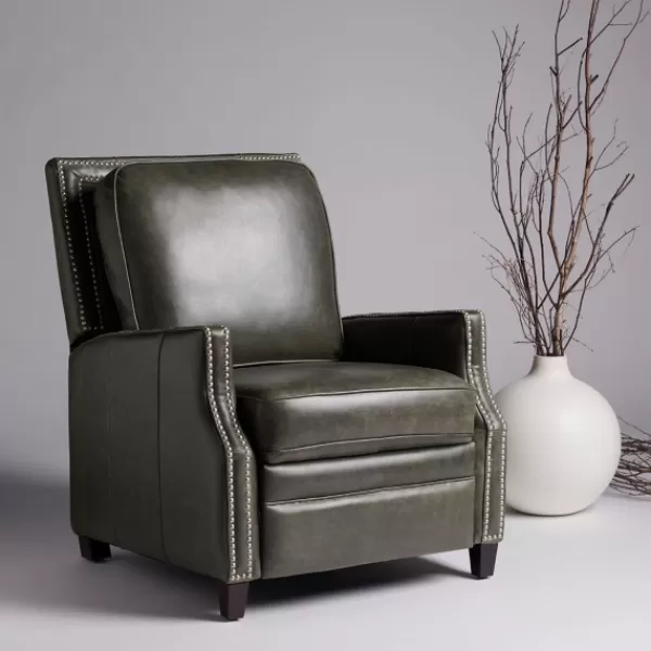 Accent Chairs-Kirkland's Home Leather Nailhead Trim Recliner Gray