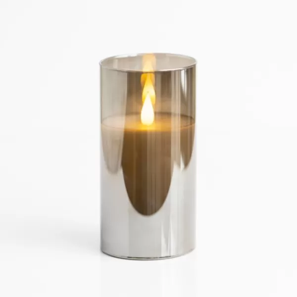 Flameless Candles-Kirkland's Home Led Soft Flame Glass Pillar Candle, 4X6 In. Gray