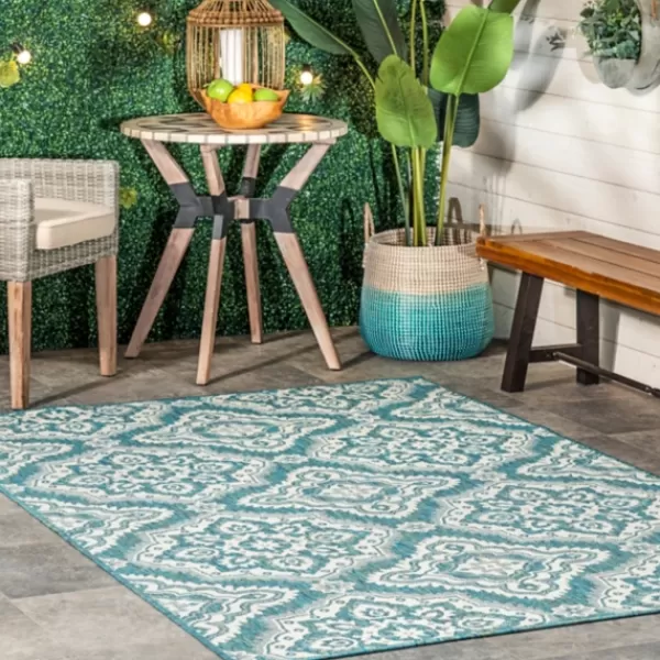 Outdoor Rugs-Kirkland's Home Leslie Green Floral Trellis Outdoor Rug, 5X8 Green/White