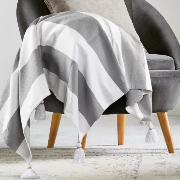 Blankets & Throws-Kirkland's Home Light Gray Cabana Stripe Tassel Throw Gray/White