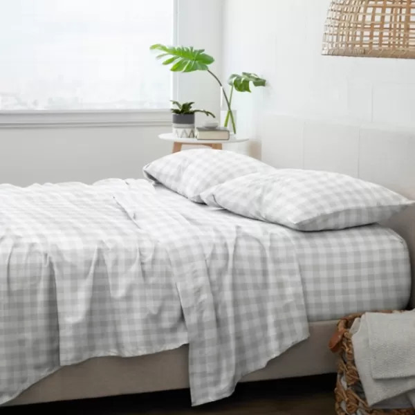 Bed Sheets-Kirkland's Home Light Gray Country Plaid 4-Pc. King Bed Sheet Set Gray/White