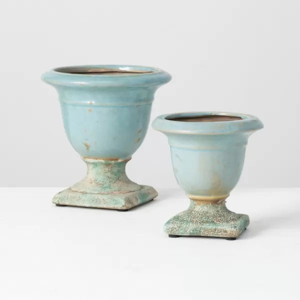 Vases-Kirkland's Home Light Terracotta Urn Vases, Set Of 2 Blue