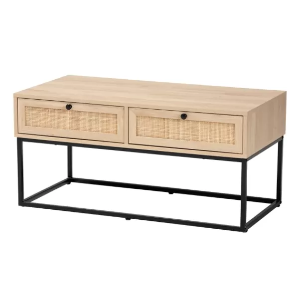 Coffee Tables-Kirkland's Home Light Wood And Rat 2-Drawer Coffee Table Tan