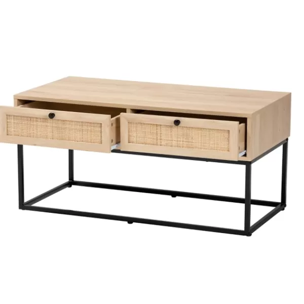 Coffee Tables-Kirkland's Home Light Wood And Rat 2-Drawer Coffee Table Tan