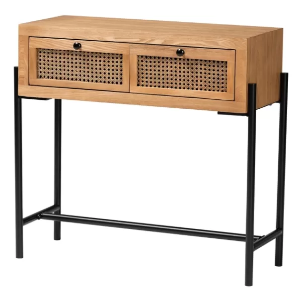 Console Tables-Kirkland's Home Light Wood And Rattan 2-Drawer Console Table Brown