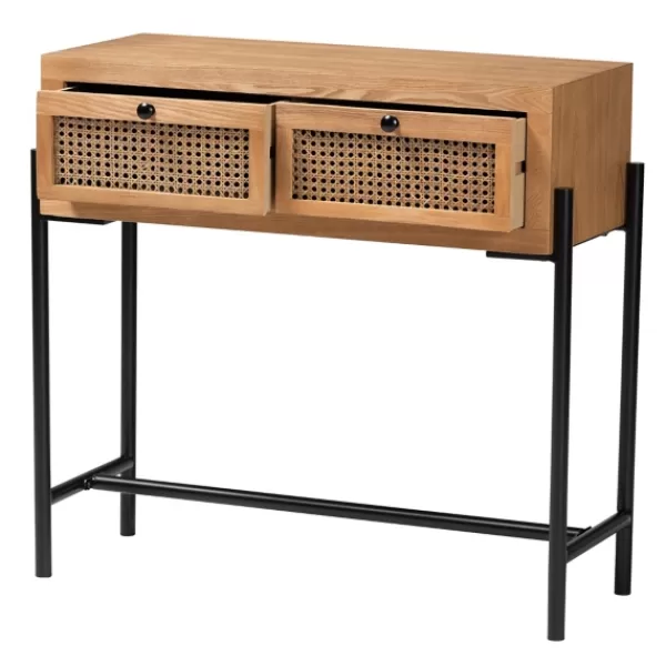 Console Tables-Kirkland's Home Light Wood And Rattan 2-Drawer Console Table Brown