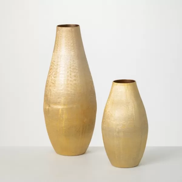 Vases-Kirkland's Home Lustrous Brushed Metal Vases, Set Of 2 Gold